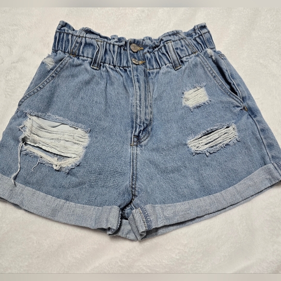 Forever 21 Pants - Forever 21 High Waist Paperbag Denim Shorts,  Light Destructed Wash, Sz Medium.